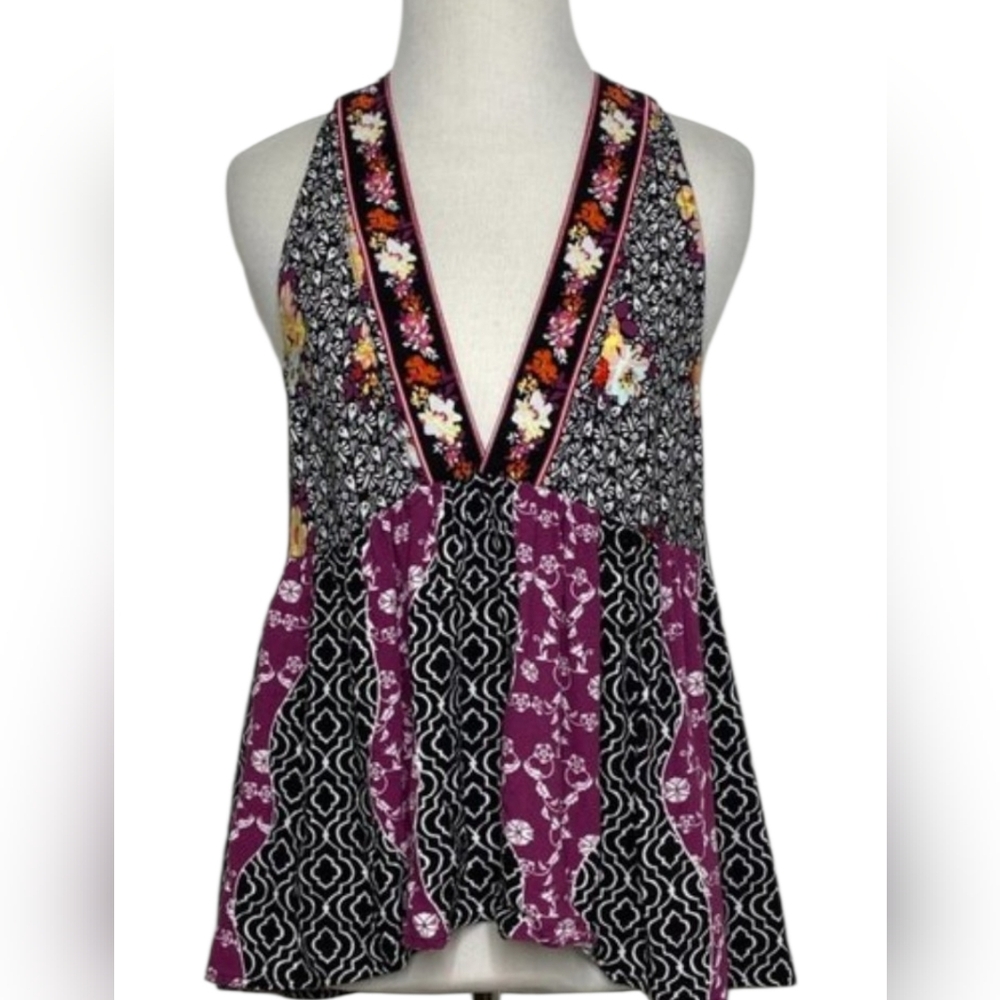 Free People Floral Patchwork Halter Cami in Burgundy and Black